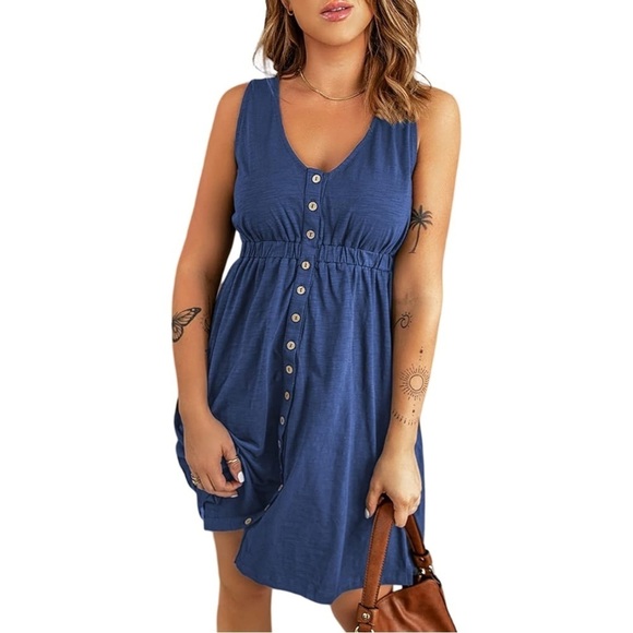 Royal Blue Casual Sleeveless Dress Button Down Beach Sundress with Pockets - Picture 10 of 10